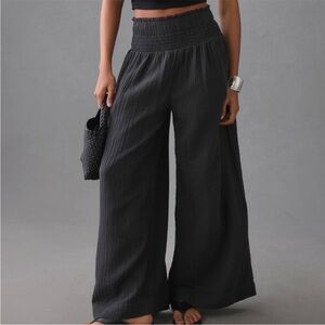 Anthropologie charcoal black wide leg smocked gauze pants, Small